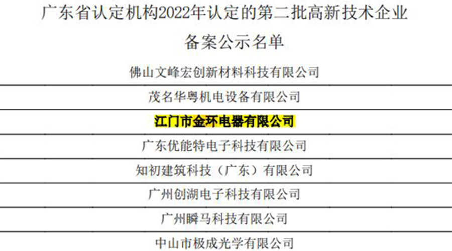 好消息！金環(huán)電器再次通過(guò)國家級“高新技術(shù)企業(yè)”認定